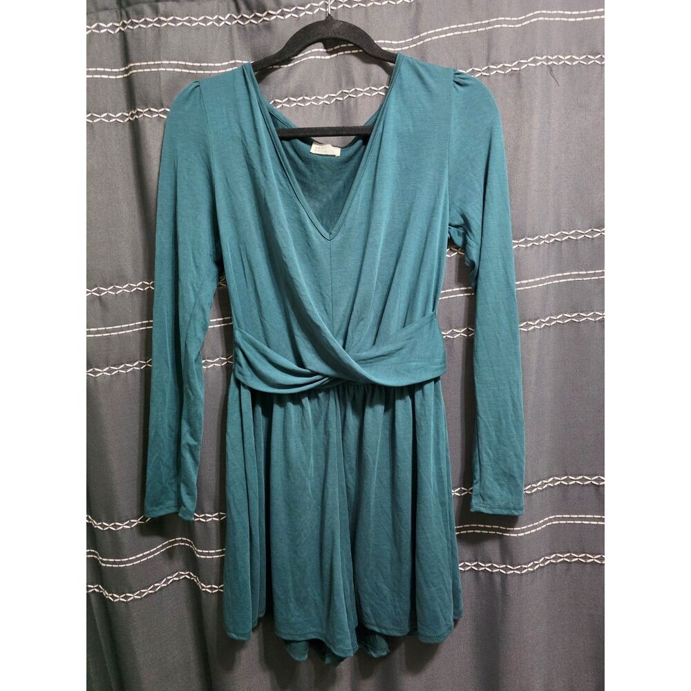 Dee Elly Women’s Teal Long Sleeve V Neck Wrap Front Romper Medium